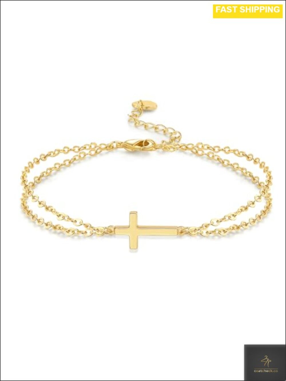 14K Gold Plated Layered Double Chain Cross Bracelet for Women Adjustable